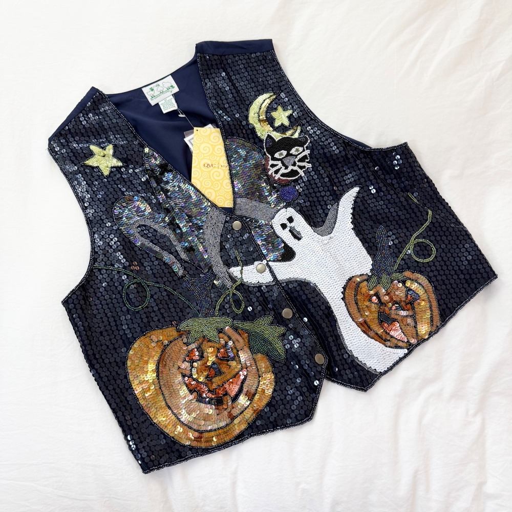 Vintage Quacker Factory Halloween Sequin Beaded Vest Ghost Pumpkin Cat 1X